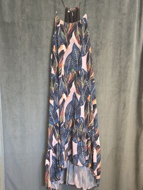 Pink Maxi Dress with Navy Leaf Print